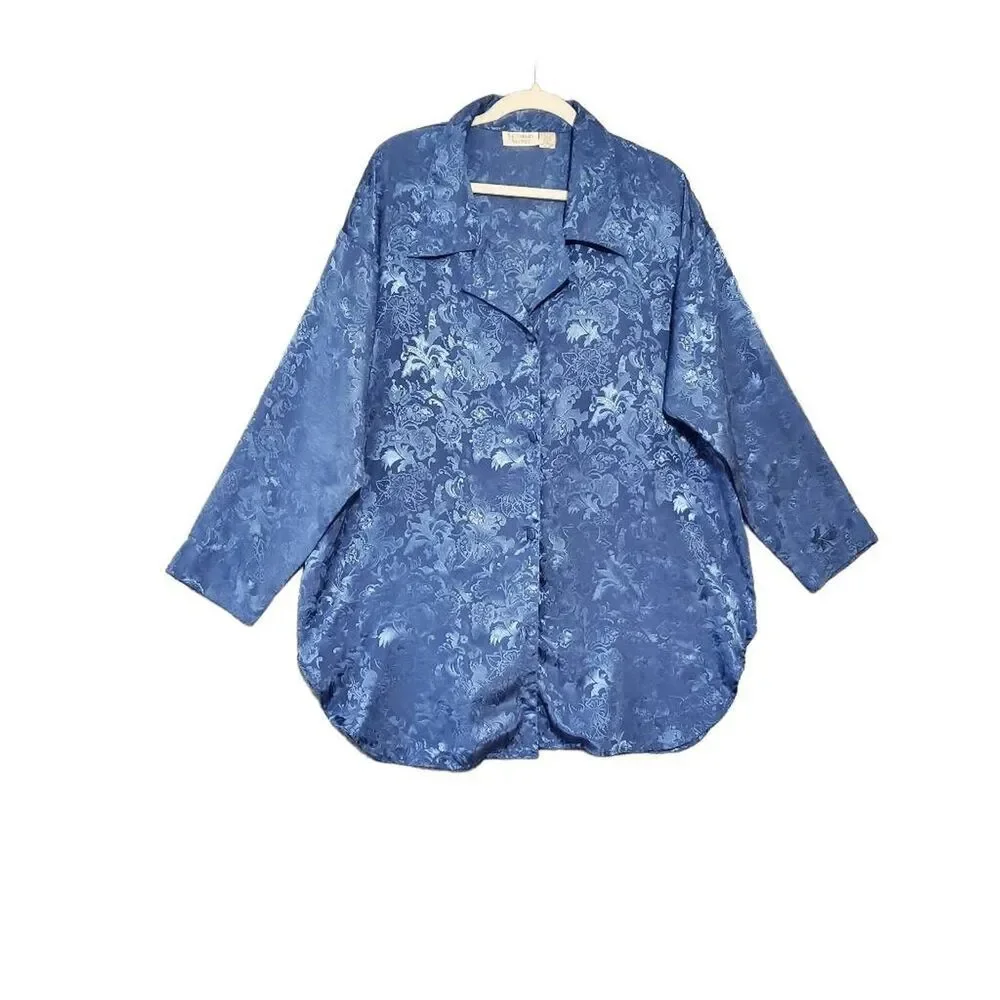 VTG GOLD LABEL VICTORIA'S SECRET BLUE BUTTON UP SATIN SLEEP SHIRT M/L